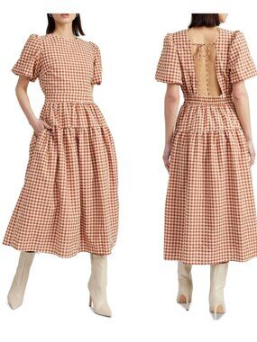 El Saison Juni Gingham Peasant Prairie Cottagecore MilkMaid Folk Long Dress XS
